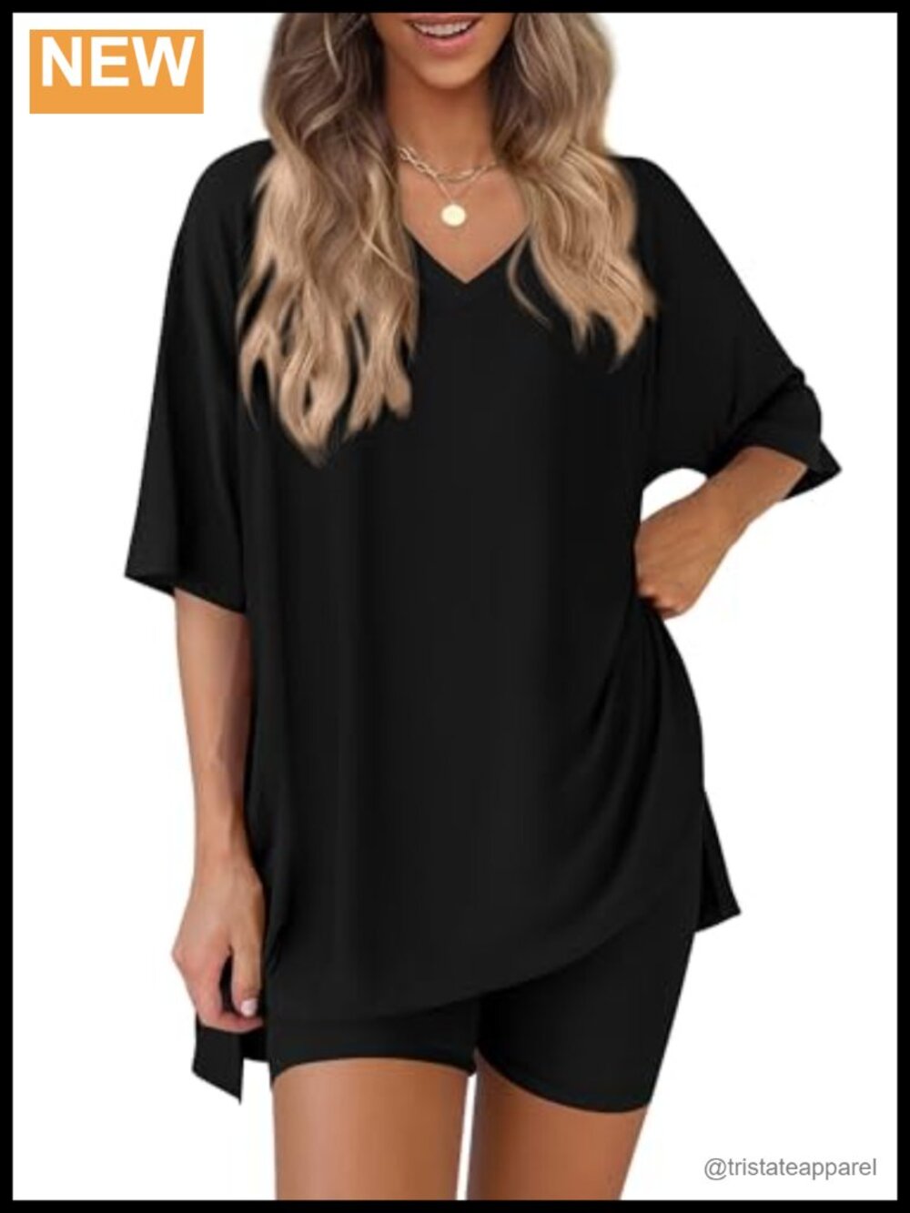 2 Piece Lounge Set Oversized V Neck Tee & High Waist Biker Shorts
